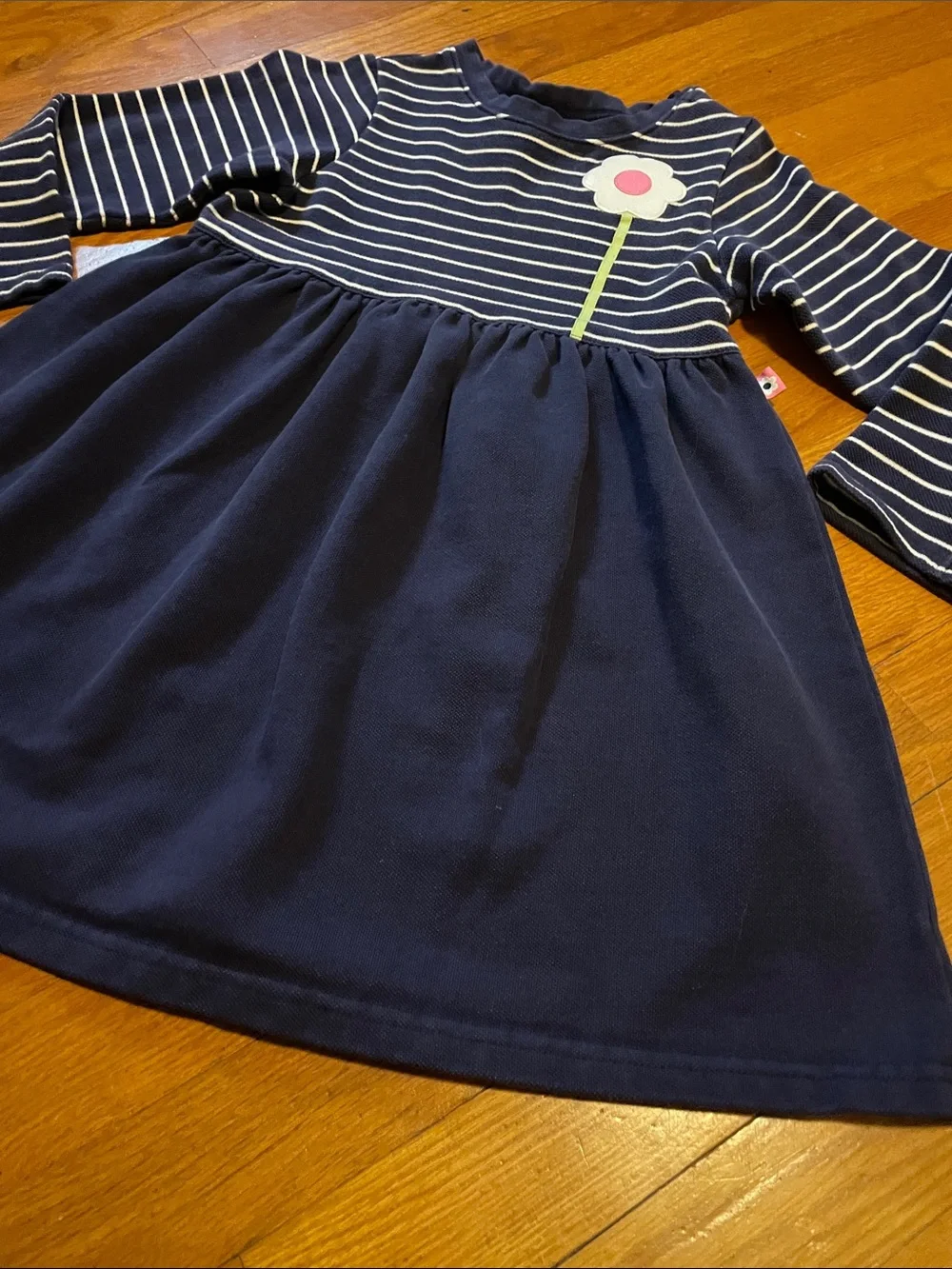 Y2K Gymboree Girl 6 Navy & White Striped Long-Sleeve Dress with Flower Appliqué